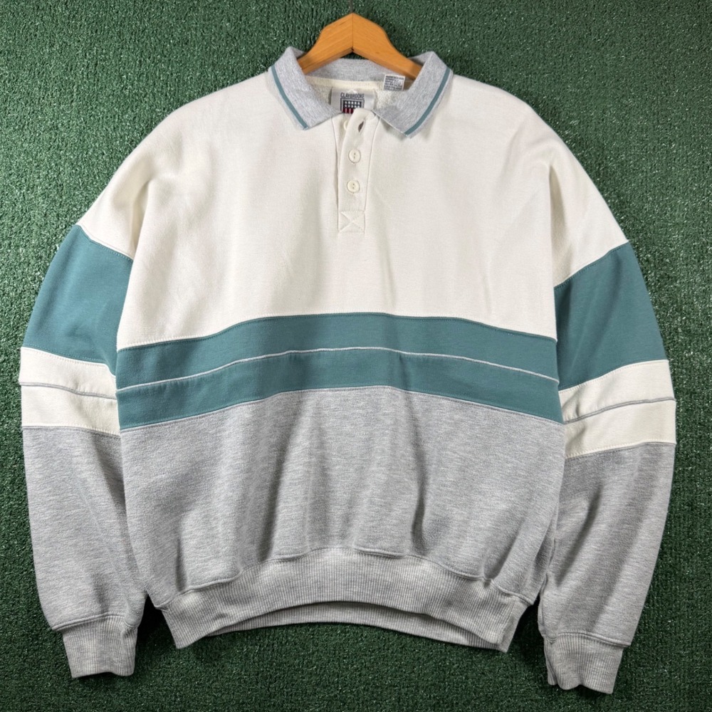 Vintage Claybrooke Sweatshirt Mens Large White Teal Gray Vintage Colorblock Polo